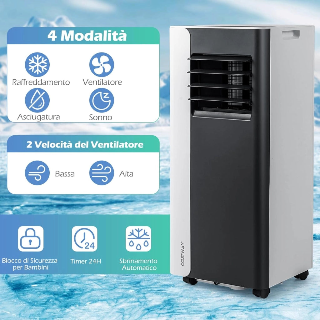Condizionatore Portatile, 7000BTU/2,0 kW, 4 in 1 Con Raffreddamento, Ventola, Deumidificazione e Modalità Notturna, 24H Timer, R290, per Stanze Fino a 28㎡