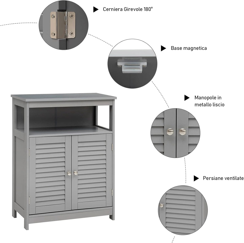 Armadietto del Bagno, Armadietto di Legno con Doppie Ante a Persiana e Mensola Regolabile, Armadio per Bagno Salone Camera da Letto (Grigio)