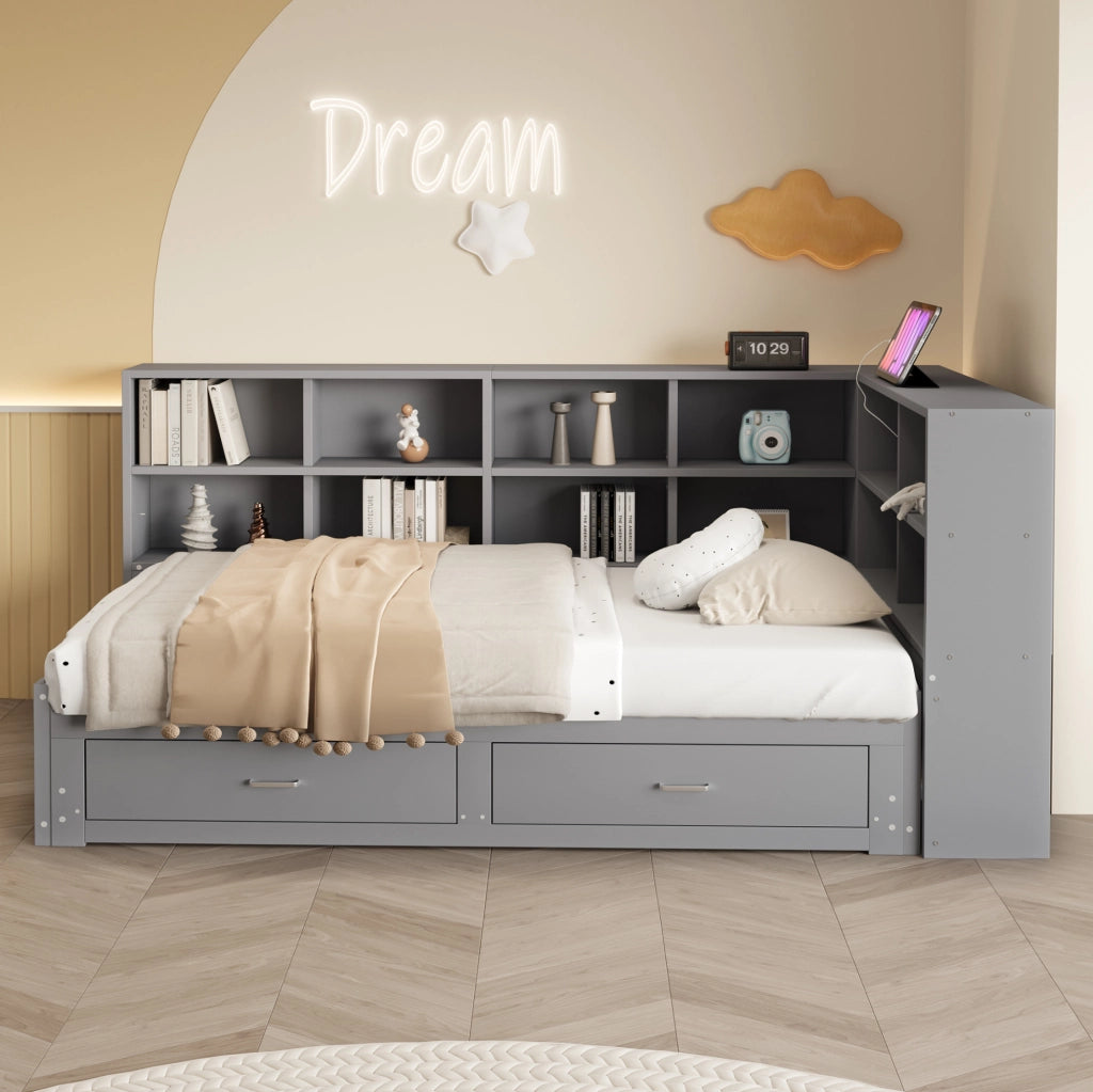Letto multifunzione 90/180x190 cm con contenitore; prese multifunzione e cassetti in legno grigio