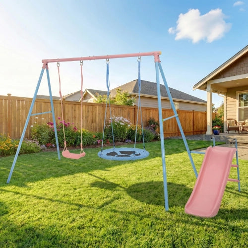 Area giochi per bambini con due altalene e scivolo per giardino in acciaio blu e rosa 120×40×26 cm