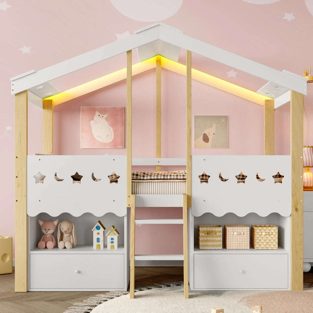 Letto alto a forma di casa bianco e naturale in pino con funzione LED e 2 cassetti 90x200 cm