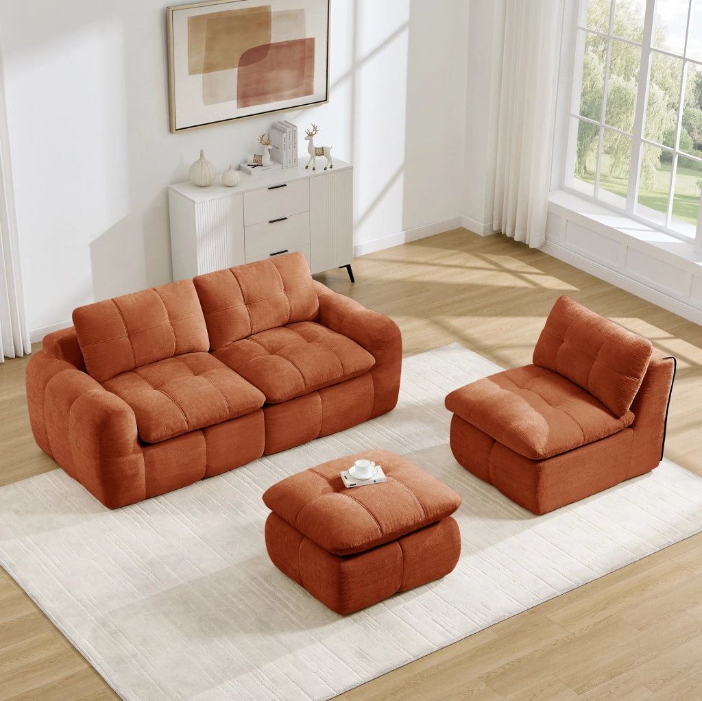 Divano modulare in ciniglia arancione; 264 x 160 x 68 cm