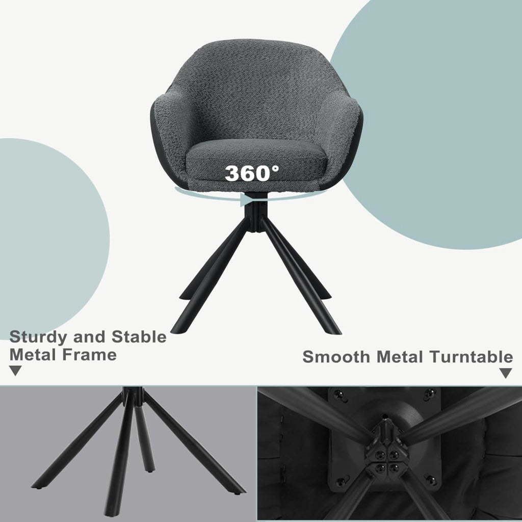 1x Sedia Sala da Pranzo Girevole, Sedia da Cucina con Braccioli e Schienale, Poltroncina per Ufficio, Camera da Letto, Gambe in Metallo, Ciniglia+Ecopelle, Grigio Scuro+Antracite, EZS04dgr-1