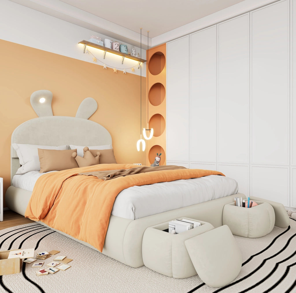 Letto imbottito con LED e contenitore beige 140x200 cm