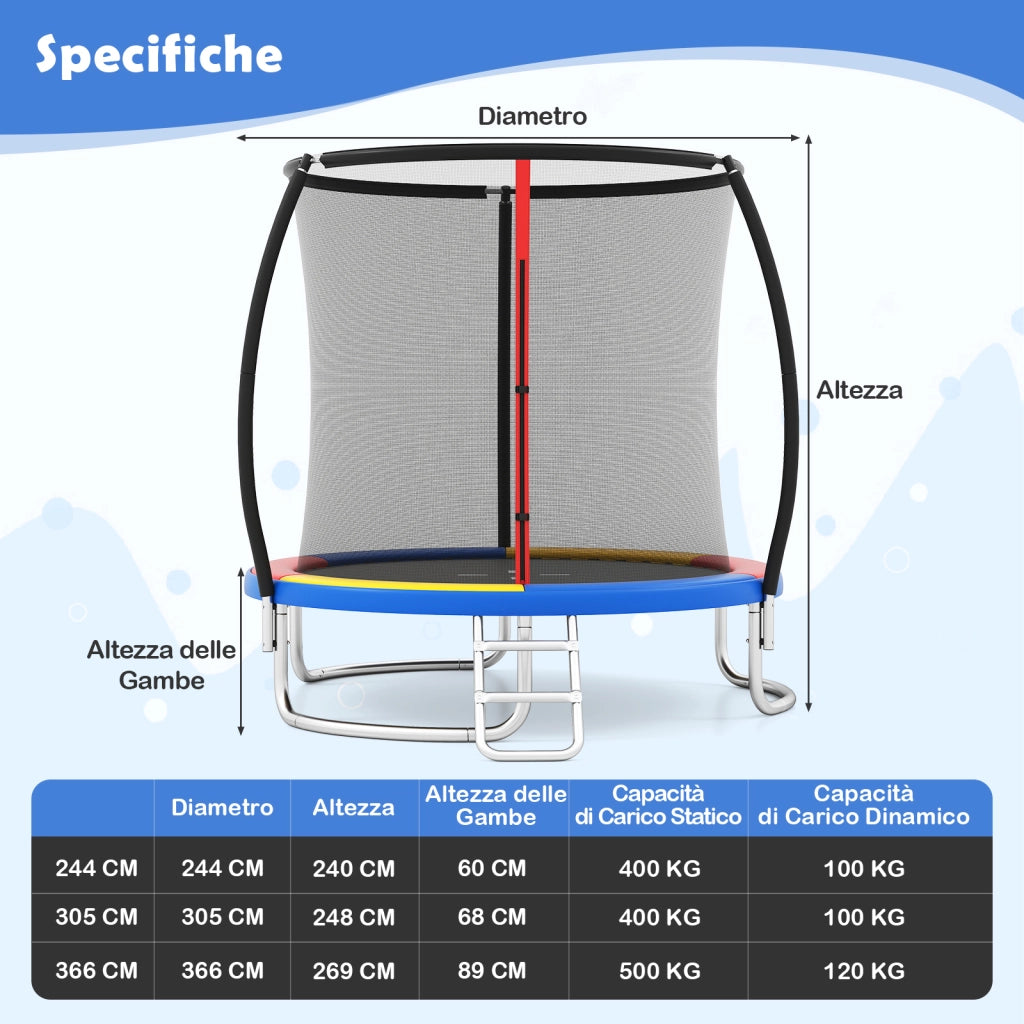 Trampolino da esterno 366 cm con rete di sicurezza e scala-Trampolino ricreativo pesante per bambini e adulti Colorato