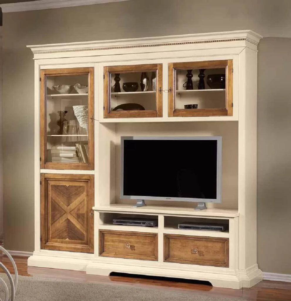 Parete attrezzata in legno avorio/noce l.230 p.57 h. 235 - Mobili 2G
