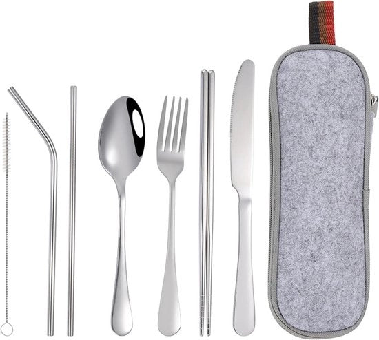 Set da cucina da campeggio riciclabile da 8 pezzi - Acciaio inossidabile per campeggio e escursionismo - Argento