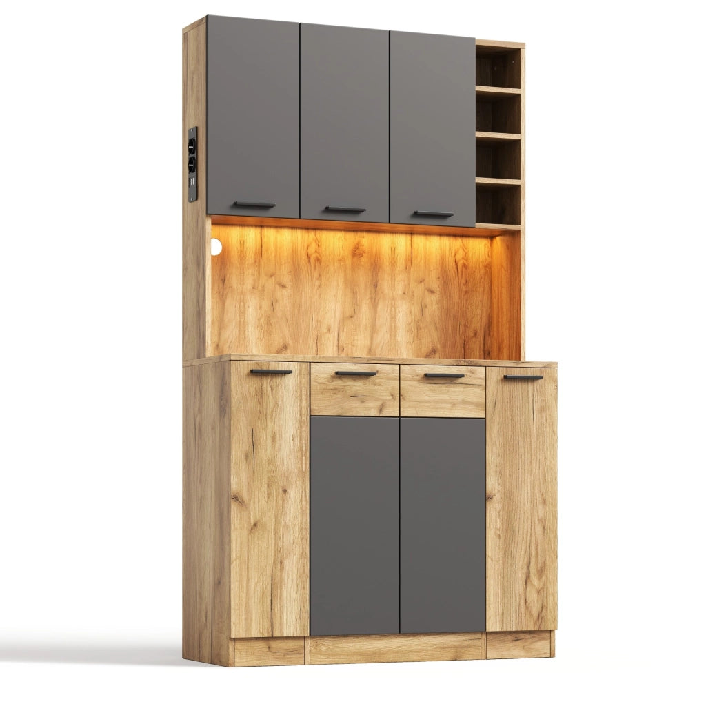 Credenza cucina multifunzione 100x40x180 cm in MDF nero e naturale con LED; prese e ripiani regolabili