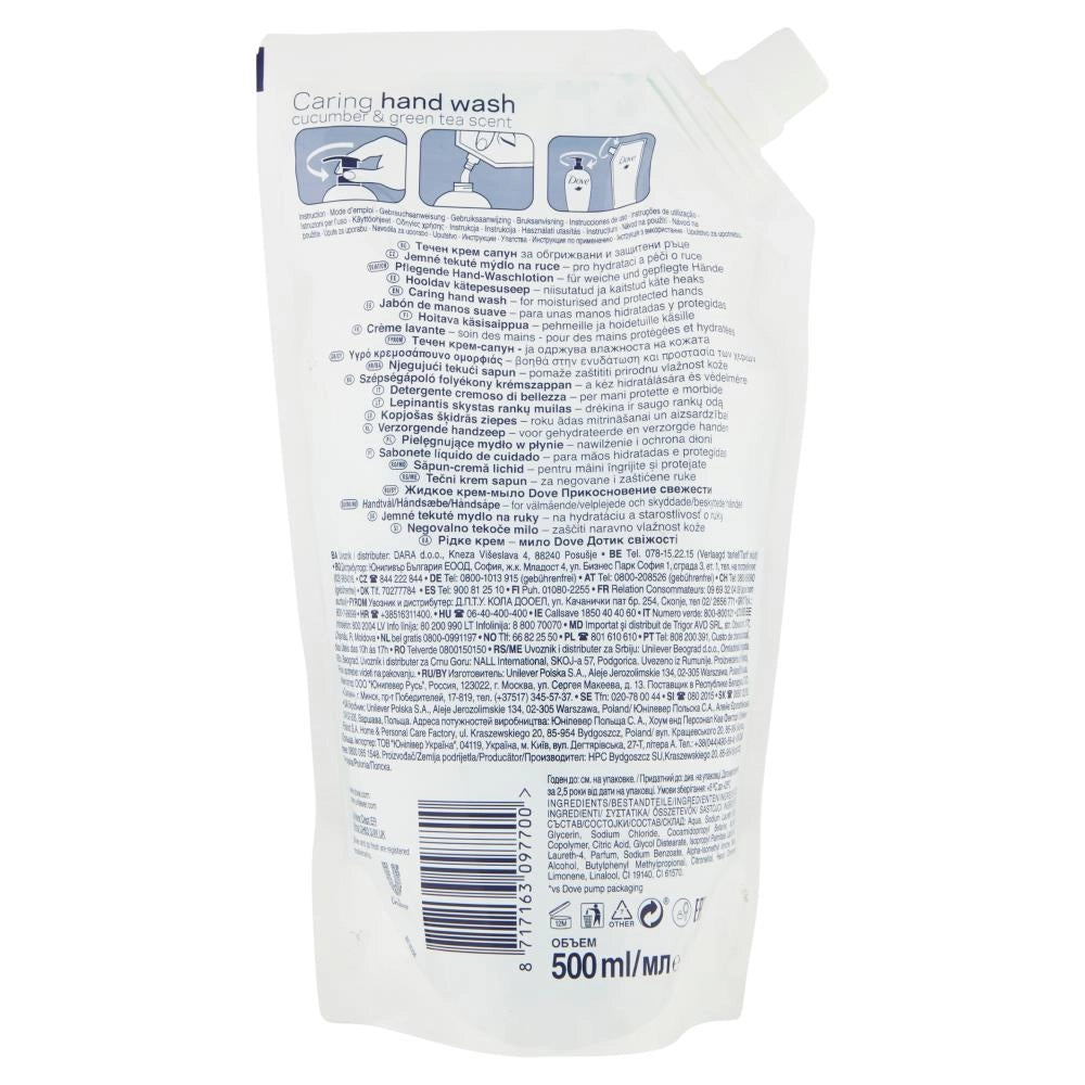 DOVE RICARICA SAPONE LIQUIDO MANI RICARICA GO FRESH COCUMBER & GREEN TEA 500ML