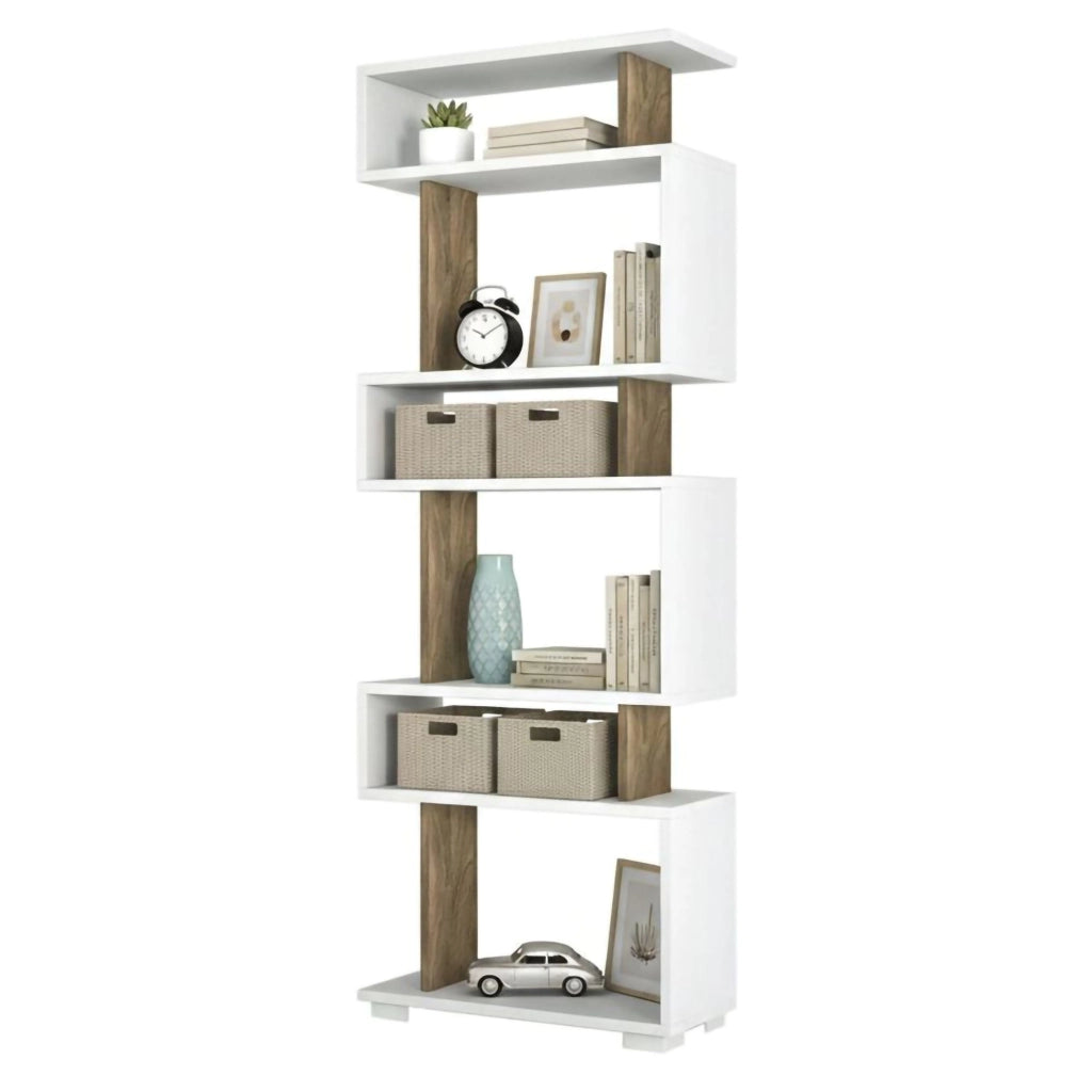 Libreria Doralice, Scaffale da ufficio, Mobile portalibri, Biblioteca, 60x20h165 cm, Bianco e Noce