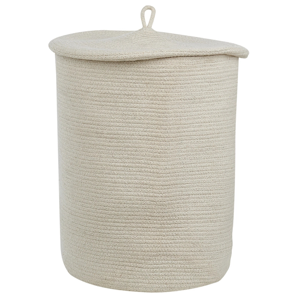 Cestino in tessuto di cotone bianco sporco con accessori per la conservazione del coperchio boho