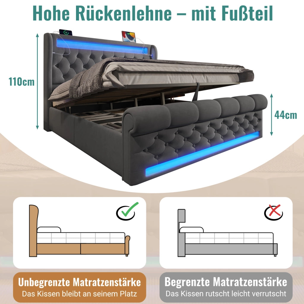 Letto imbottito 140x200 cm con LED, USB-C e vano contenitore