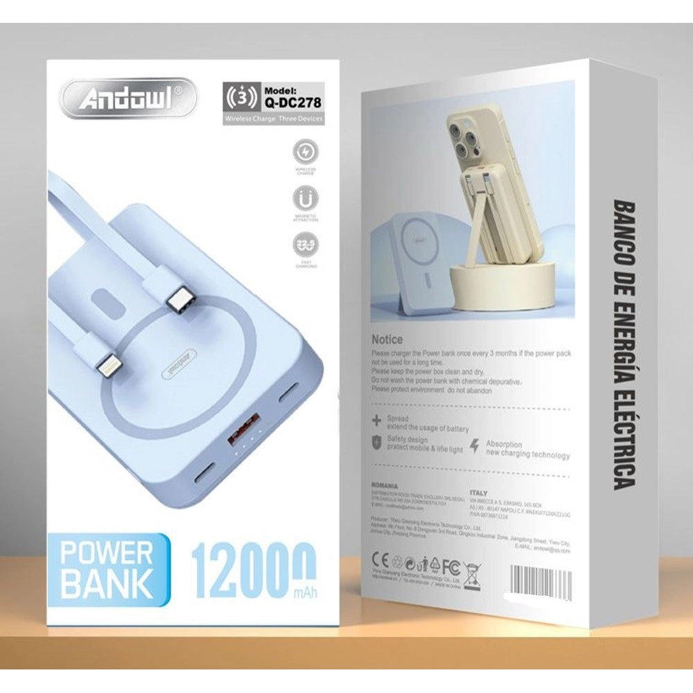 Trade Shop - Power Bank Magnetico Wireless 12000mah Ricarica Rapida 22,5w Supporto Nascosto Cavi Q-dc278 -