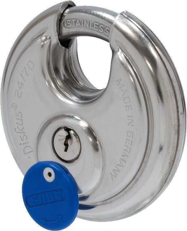 ABUS 02050 Diskus Lucchetto a Disco in Acciaio Inossidabile Livello di Sicurezza 8 2 Chiavi incluse colore Argento Blu