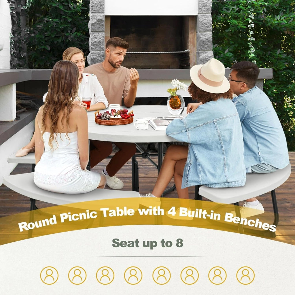 Set da Giardino per 8 Persone, Tavolo Rotondo da Picnic con 4 Panche, Tavolo da Birra in HDPE con Foro per Ombrellone, Set da Esterno Resistente