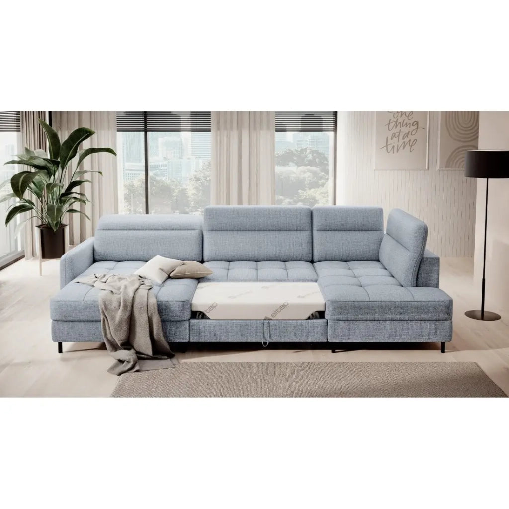Divano angolare convertibile BERTHO 306 cm blu grigio - Angolo sinistro con contenitore