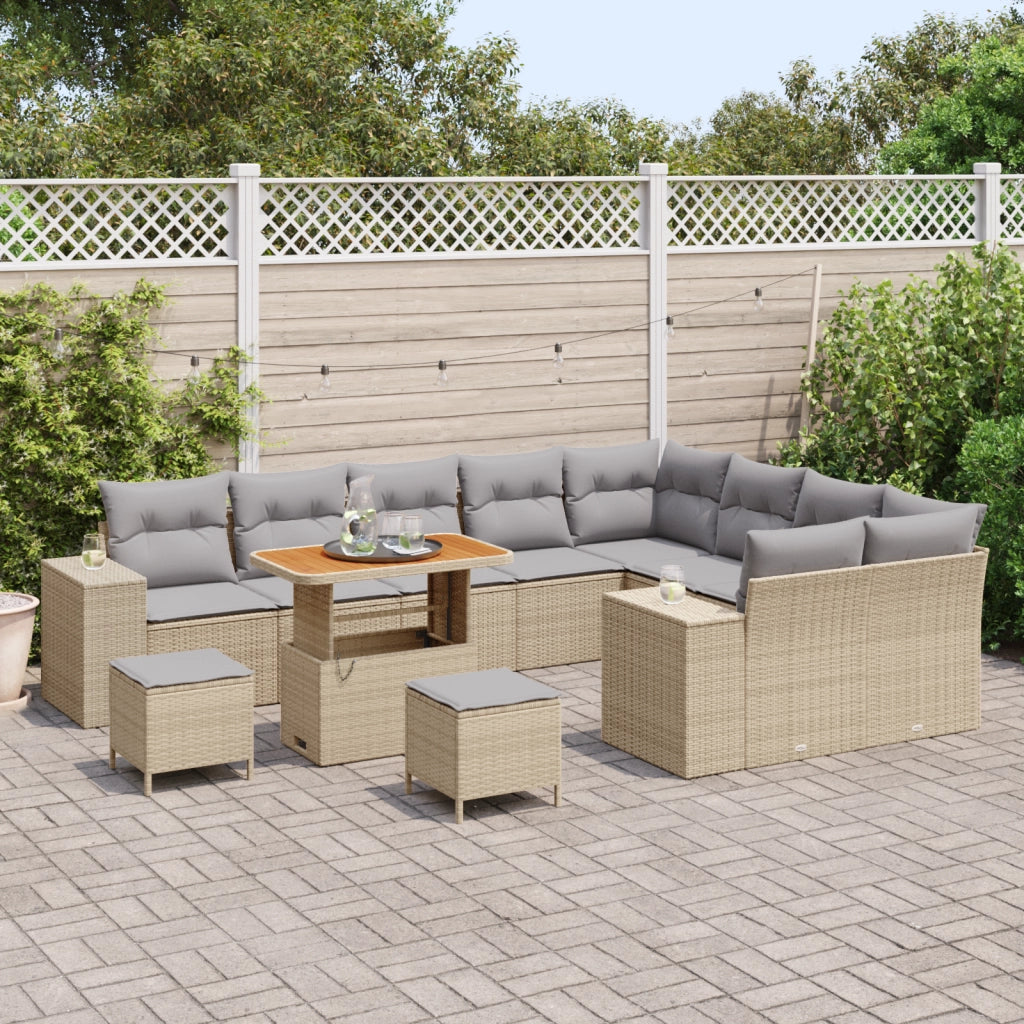 Set di SofÃ  da Giardino  12 Pezzi con Cuscini Rattan Beige Poli Rattan Acacia