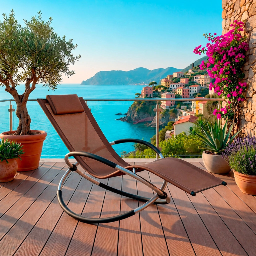 Poltrona Dondolo Reclinabile Da Giardino Con Poggiatesta Removibile In Textilene Traspirante Telaio Metallo Relax Outdoor 73 x 150 x 93 Cm Marrone