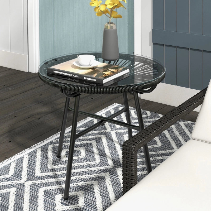Tavolino Da Esterno In Stile Boho 50 X 50 X 50 Cm In Rattan Nero Con Piano In Vetro Temperato