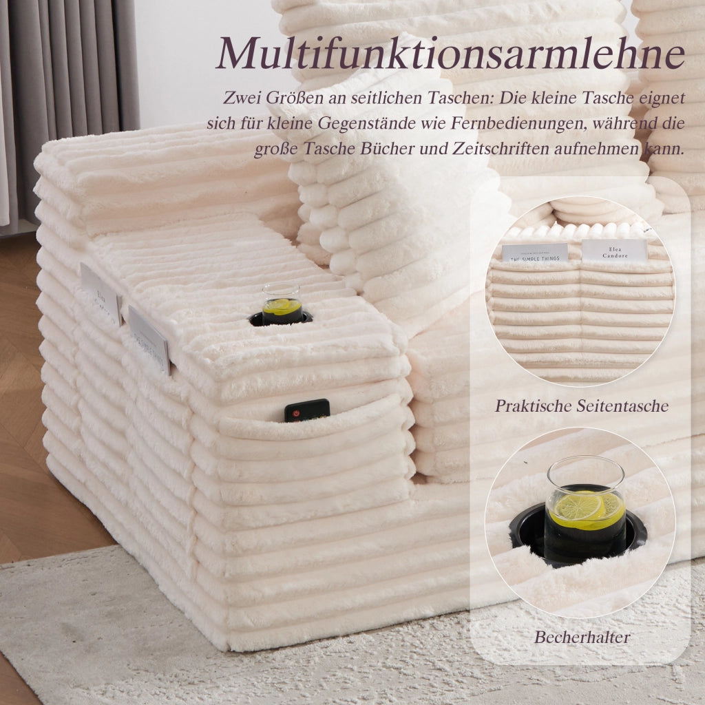 Divano letto con schienale alto tasche laterali e portabicchieri cuscini trasformabile in velluto a coste beige
