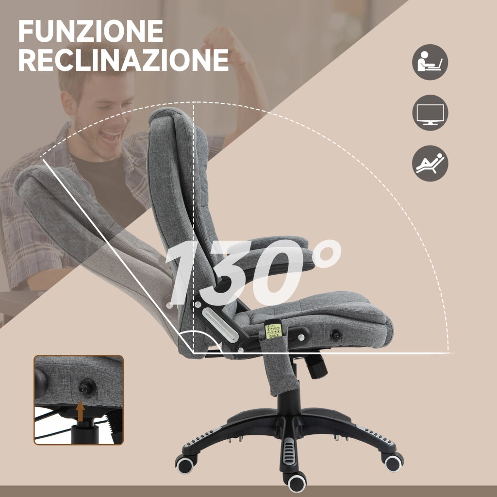 EasyComfort Sedia da Ufficio Massaggiante a 6 Punti Vibrante con Funzione Dondolo e Riscaldata, Poltrona Ufficio Reclinabile con Altezza Regolabile, Telecomando e Tasca Laterale in Tessuto, Grigio