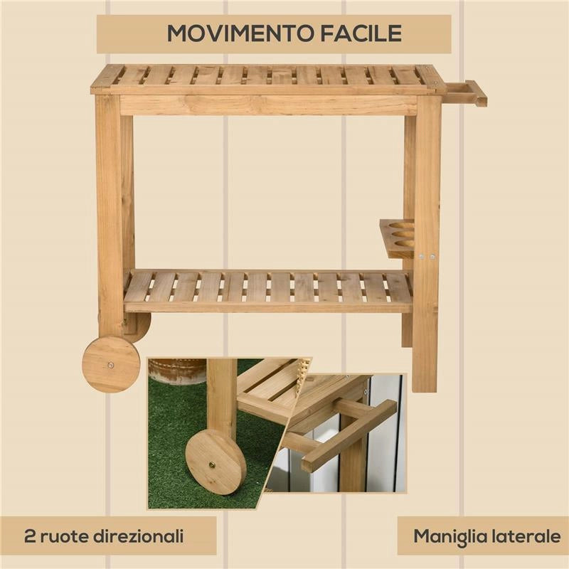 CARRELLO PORTAVIVANDE DA GIARDINO IN LEGNO CON 2 RIPIANI E PORTABOTTIGLIE, 95X47X74 CM, COLOR LEGNO