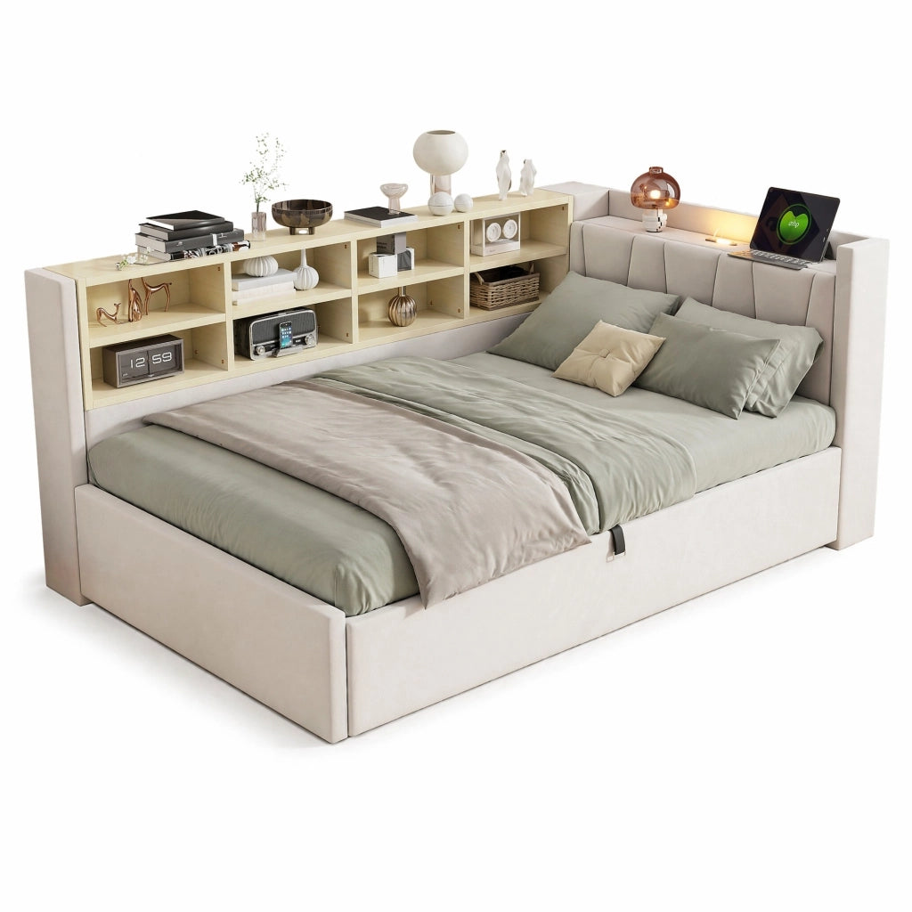 Letto singolo imbottito ULEVR 90x200 cm con contenitore idraulico, luce notturna, USB e Type-C, velluto beige