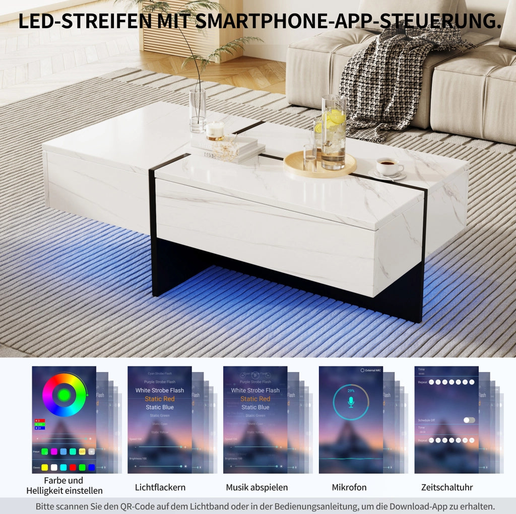 Tavolino da salotto lucido effetto marmo bianco 100 x 50 x 34;5 cm con LED App e 3 cassetti
