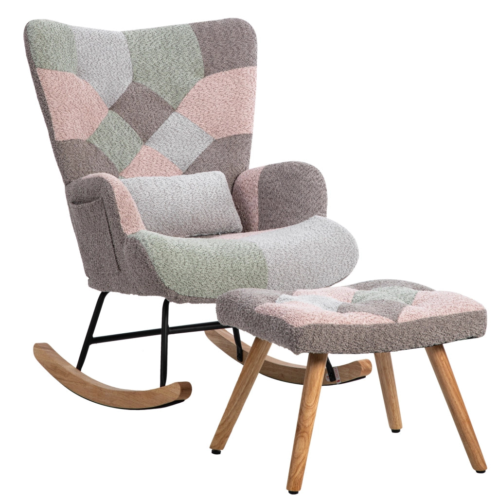 Sedia a dondolo ULEVR 93 cm con poggiapiedi, cuscino lombare e tasca laterale, multicolore