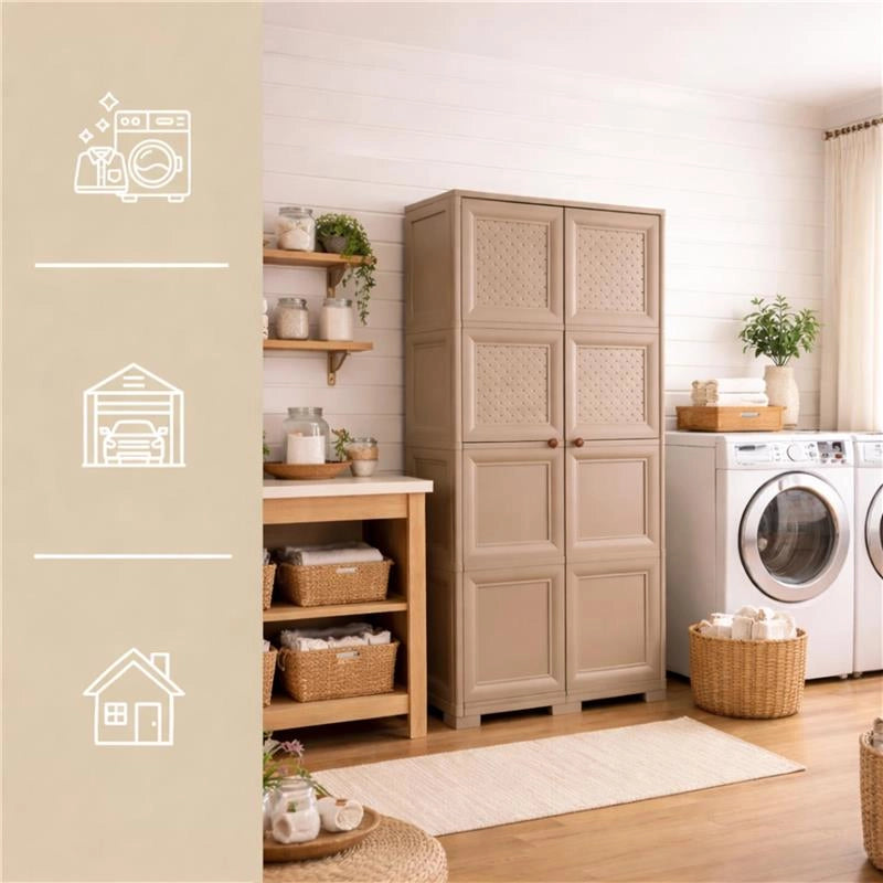 ARMADIO 4 MODULI TAUPE 79X43X164 CM CON 4 RIPIANI E ANTE TRAFORATE – CONTENITORE VERTICALE SALVASPAZIO PER ZONA LIVING