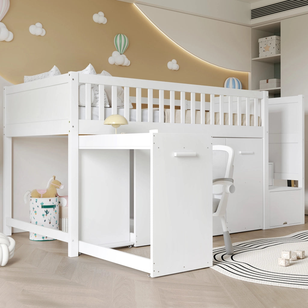 Letto a castello per bambini 90x200 cm in pino e MDF con scrivania e armadio; bianco
