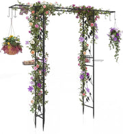 Mangiatoia per Uccelli da Giardino, Mangiatoia per Uccellini da Esterno con Arco per Piante Rampicanti, Vassoio a Rete e Kit di Gancio (Nero)