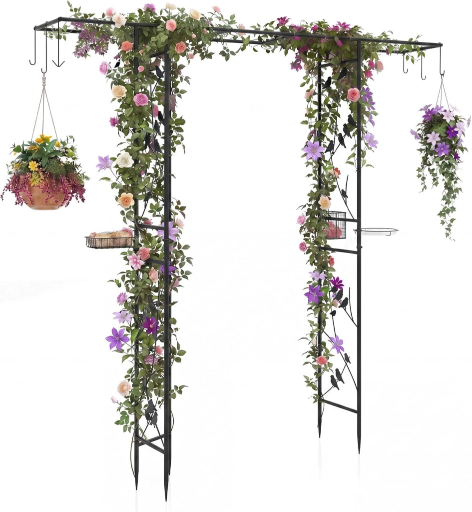 Mangiatoia per Uccelli da Giardino, Mangiatoia per Uccellini da Esterno con Arco per Piante Rampicanti, Vassoio a Rete e Kit di Gancio (Nero)