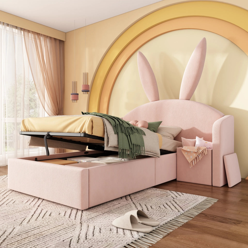 LETTO 90x190 cm in Velluto Rosa con Comodino e Contenitore