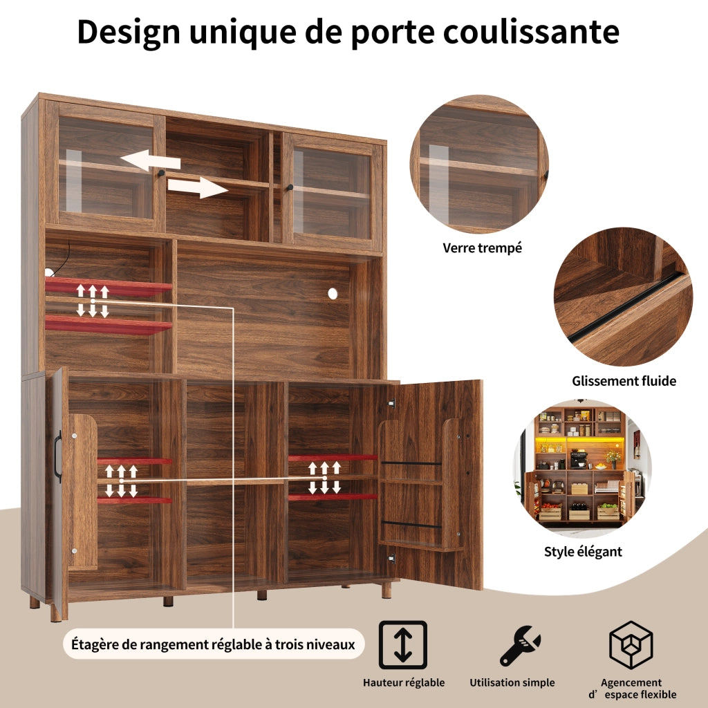 OKWISH Credenza Alta con 2 Ante Scorrevoli e 3 Ripiani Regolabili, LED e USB, per Cucina, MDF, Noce, 140×40×185 cm