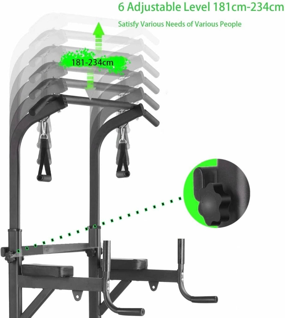 Dip Station Power Tower, torre multifunzione con panca pieghevole, barra per sollevamento pesi per allenamento a casa, con fasce per allenamento, capacità di carico fino a 200 kg
