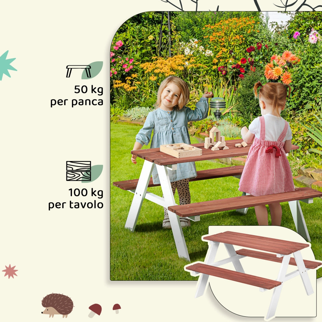 Set Tavolo da Picnic per Bambini 3-8 Anni 89x79x50 cm con Panche in Legno Marrone
