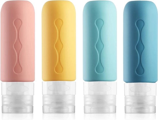 Set di contenitori di viaggio in silicone 90 ml, set di 4 contenitori di viaggio impermeabili e set di contenitori di viaggio per il bagno, approvati dalla FDA, contenitori per shampoo, crema e corpo, rosso