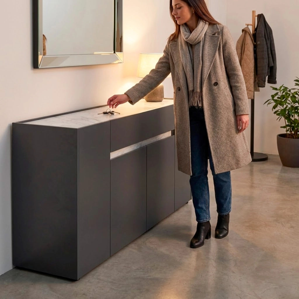Credenza Moderna Con 4 Ante E 1 Cassetto Contenitore Senza Maniglie Per Sala Da Pranzo Zona Living E Soggiorno 170 X 85 X 40 Cm Grigio Scuro E Bianco Effetto Marmo