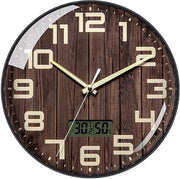 Orologio da parete con termometro e igrometro, 30 cm, finitura in legno marrone, cifre grandi, schermo LCD