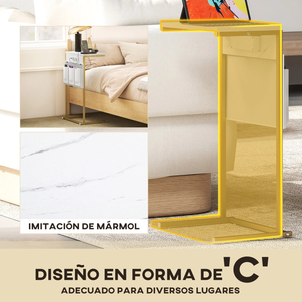 Tavolino da Caff¨¨ con USB e Cassetto ¨C Zephmum ¨C Bianco e Dorato 40x25.5x71 cm