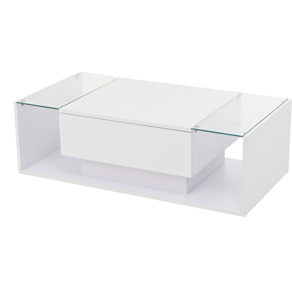 Tavolino da salotto quadrato 100 x 50 x 31 cm con 1 cassetto; LED e vetro temperato bianco lucido