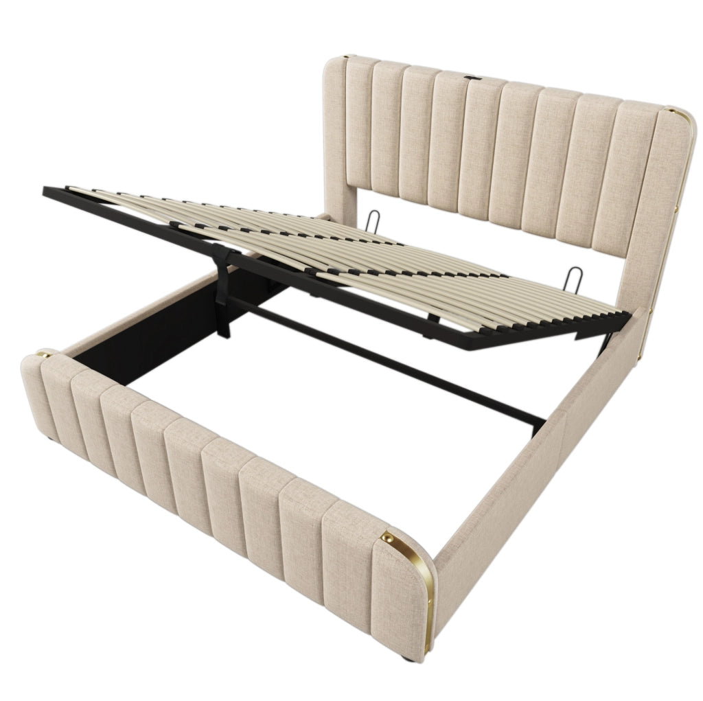 Letto matrimoniale imbottito 180x200 cm in lino beige con contenitore; USB e porta Type-C