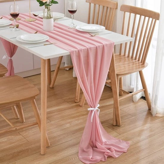 Tavolo di nozze decorativo rosa 3m con chiffon rosa per decorazioni di tavola per matrimoni e compleanni.