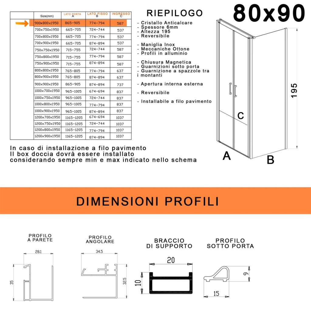 Box doccia due lati con porta saloon h195 6mm anticalcare dobla, misura 80x90