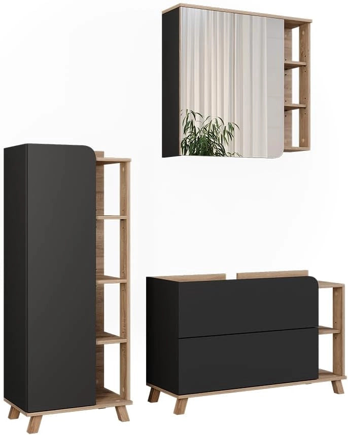 Set di mobili da bagno Karen, Sonoma/Bianco, 100 cm, composto da mobile sottolavabo, specchiera e mobile medio