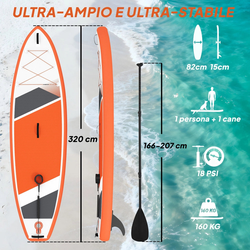 Tavola Sup Gonfiabile 320x82x15 cm Stand Up Paddle Antiscivolo in Plastica ed EVA Arancione