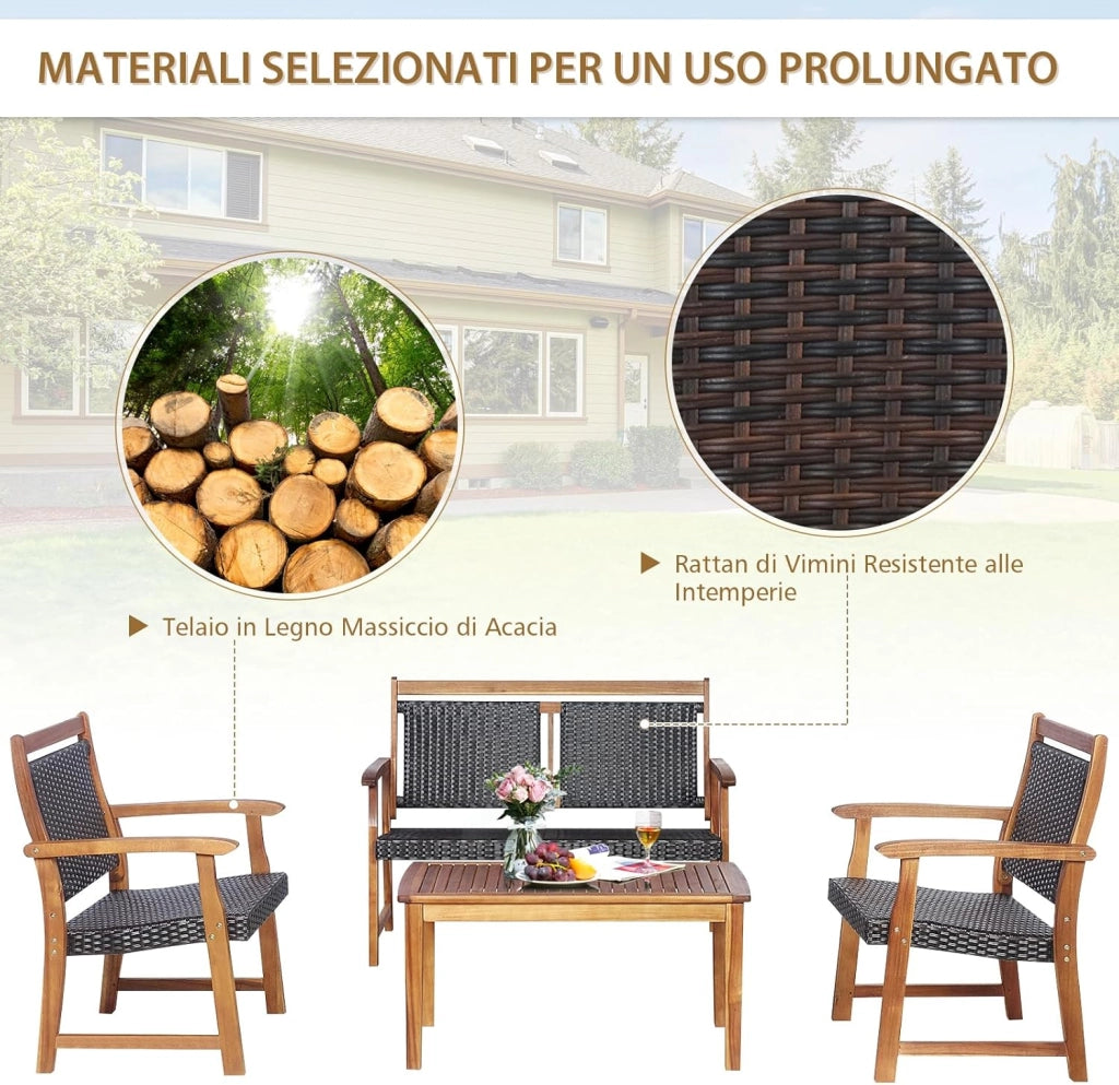 4 Pezzi Set Mobili da Esterno in Legno di Acacia, Set di Tavolino e Sedie con Seduta e Schienale in Rattan, Set Salotto per Giardino Patio e Terrazza