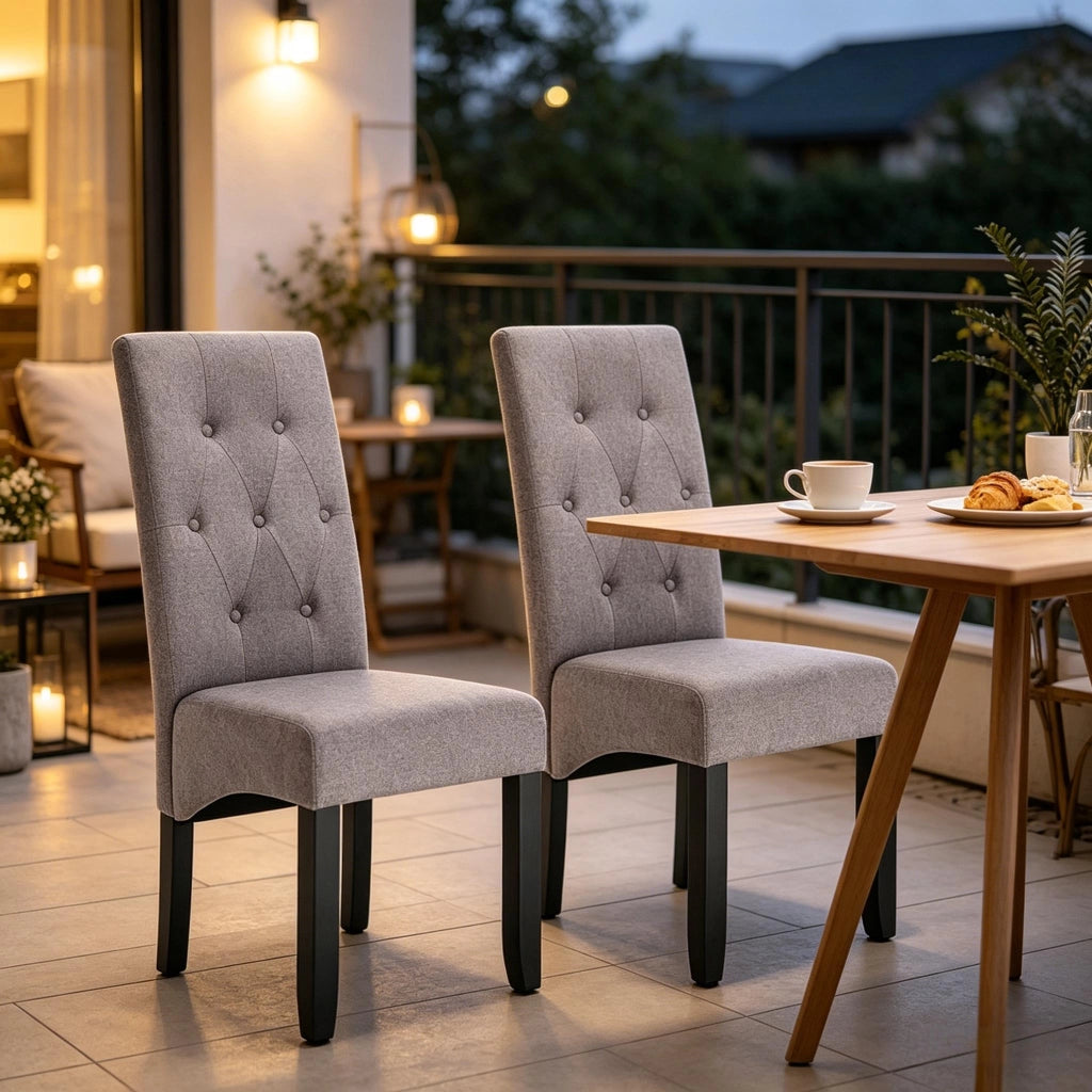 Set di 2 sedie da pranzo imbottite in lino grigio chiaro con schienale alto e gambe in legno massello