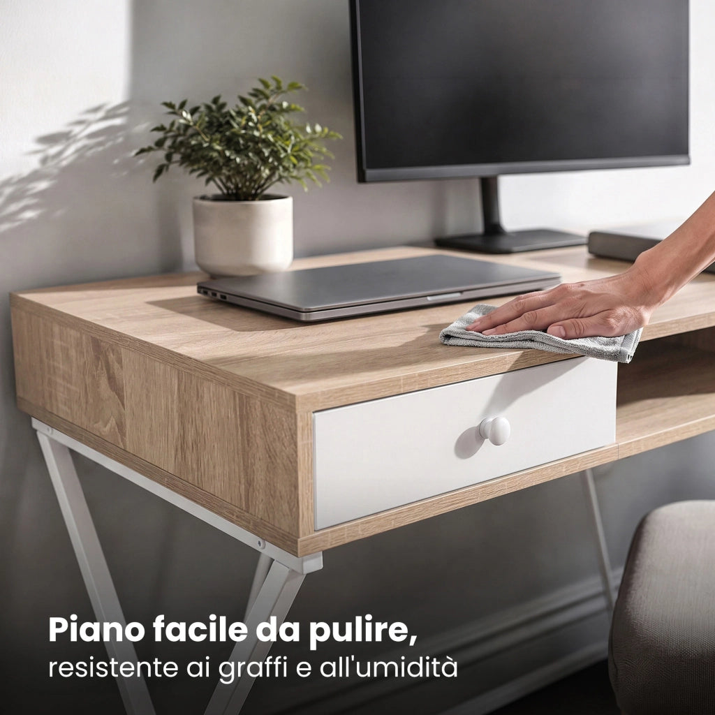 Scrivania PC industriale Rovere Sonoma CROSSLINE 120 cm 2 cassetti 1 ripiano gambe bianche